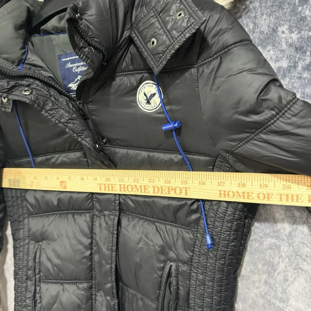 American Eagle Outfitters Womens M Black Puffer Jacket Faux Fur Hood Winter Coat